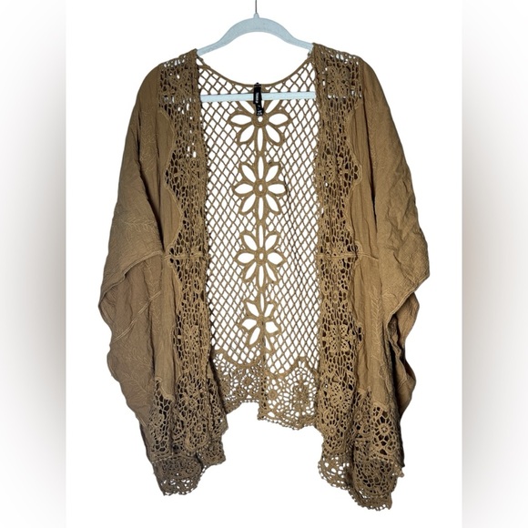 Torrid Crochet Embroidered Ruana with Sleeves Camel Kimono Coverup Size O/S - Picture 10 of 11